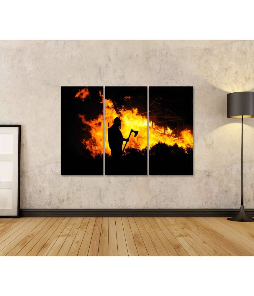 Islandburner Bild auf Leinwand Darstellung eines tapferen Wikingers inmitten eines brennenden Gebäudes Zeitbegrenzte Promotion