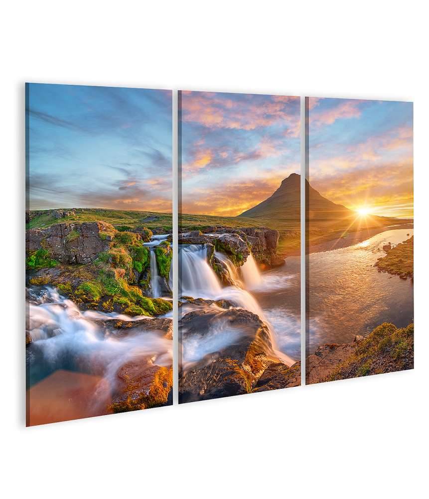 Islandburner Bild auf Leinwand Spektakulärer Sonnenaufgang über Kirkjufellsfoss Wasserfall & Kirkjufell Berg Nur für heute