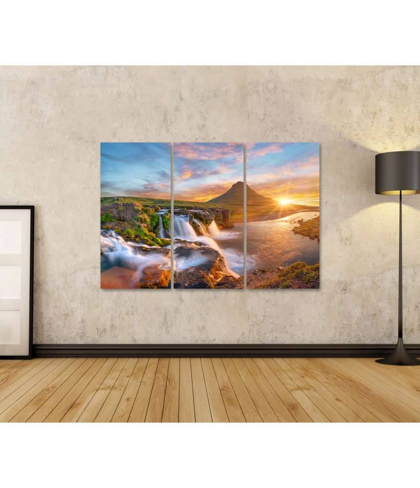 Islandburner Bild auf Leinwand Spektakulärer Sonnenaufgang über Kirkjufellsfoss Wasserfall & Kirkjufell Berg Nur für heute
