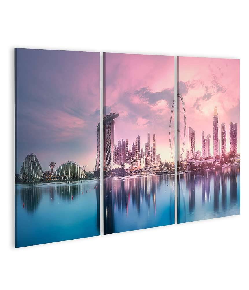 Islandburner Bild auf Leinwand Atemberaubender lila Sonnenuntergang über Singapurs Marina Bay Skyline Sonderangebot der Fabrik