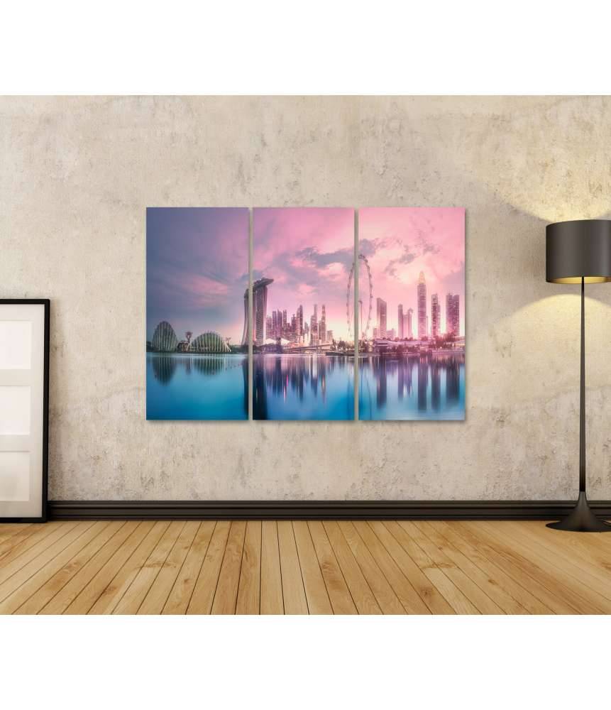 Islandburner Bild auf Leinwand Atemberaubender lila Sonnenuntergang über Singapurs Marina Bay Skyline Sonderangebot der Fabrik