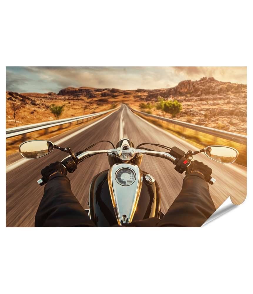 Islandburner XXL Premium Poster Motorradfahrer allein auf US-Highway, umgeben von atemberaubendem Sonnenuntergang Begrenzt auf 3 Tage