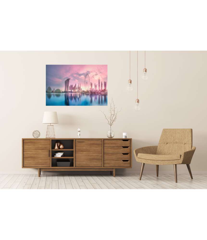 Islandburner XXL Premium Poster Atemberaubender lila Sonnenuntergang über Singapurs Marina Bay Skyline Speichern exportieren