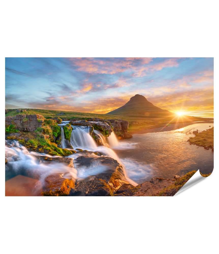 Islandburner XXL Premium Poster Spektakulärer Sonnenaufgang über Kirkjufellsfoss Wasserfall & Kirkjufell Berg Black Friday Preise