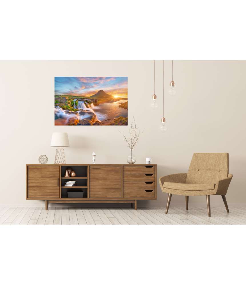 Islandburner XXL Premium Poster Spektakulärer Sonnenaufgang über Kirkjufellsfoss Wasserfall & Kirkjufell Berg Black Friday Preise