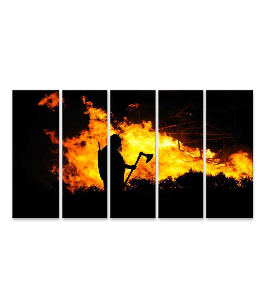 Islandburner Bild auf Leinwand Darstellung eines tapferen Wikingers inmitten eines brennenden Gebäudes Outlet