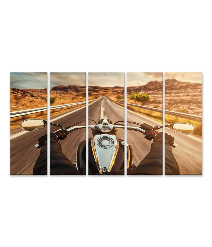 Islandburner Bild auf Leinwand Motorradfahrer allein auf US-Highway, umgeben von atemberaubendem Sonnenuntergang Angebote