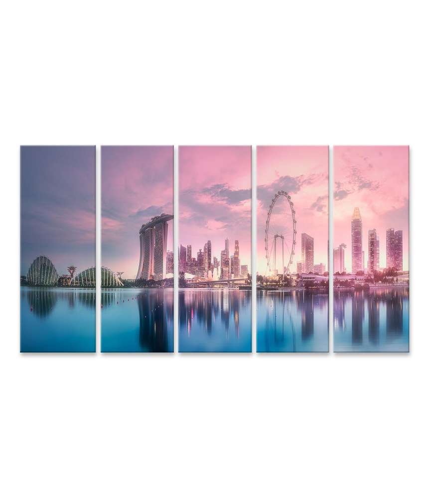 Islandburner Bild auf Leinwand Atemberaubender lila Sonnenuntergang über Singapurs Marina Bay Skyline Hotsell