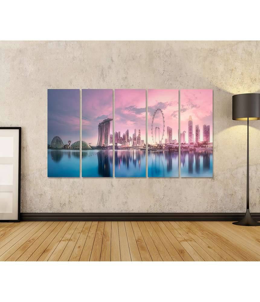 Islandburner Bild auf Leinwand Atemberaubender lila Sonnenuntergang über Singapurs Marina Bay Skyline Hotsell