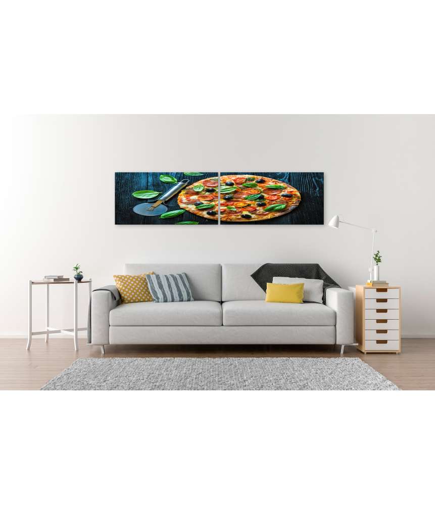 Islandburner Bild auf Leinwand Lebhaftes Wandbild einer Salami-Pizza mit Oliven und Basilikum in Pizzeria Fabrikpreis