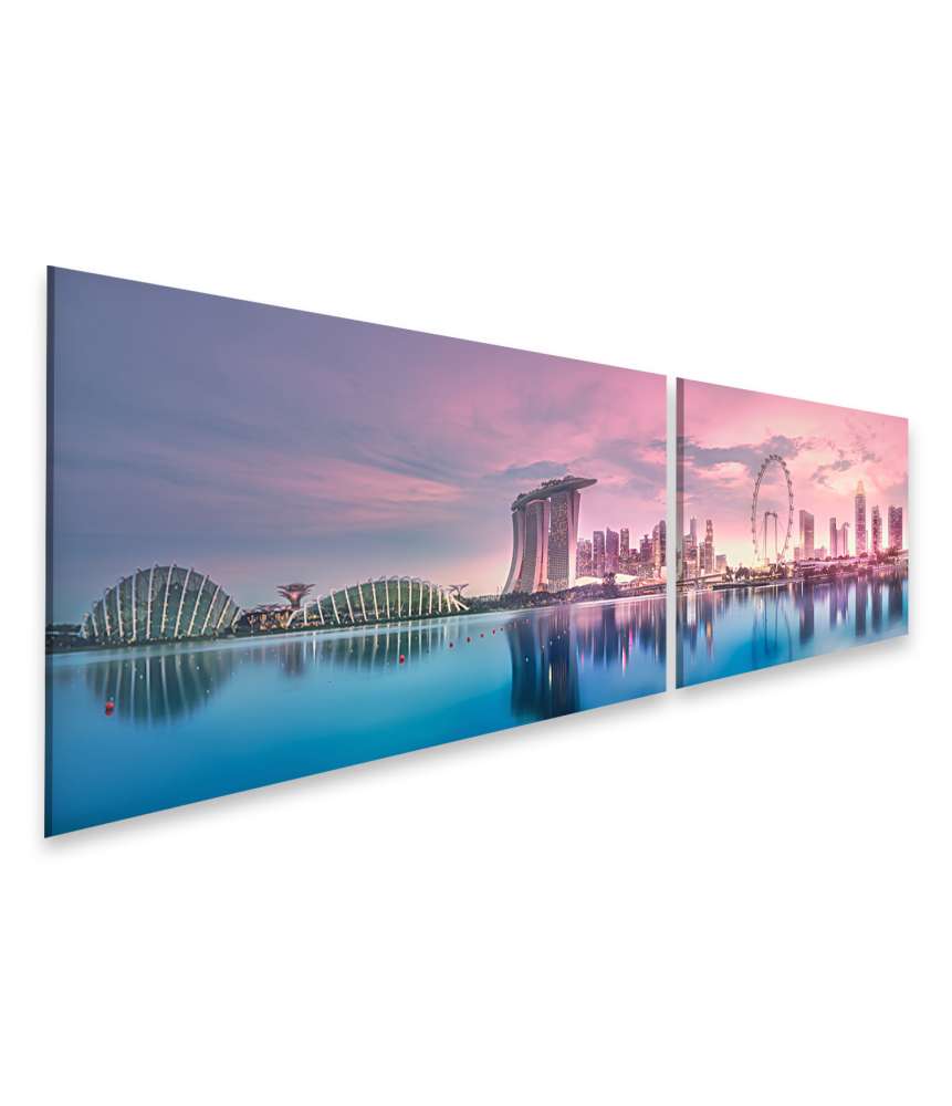 Islandburner Bild auf Leinwand Atemberaubender lila Sonnenuntergang über Singapurs Marina Bay Skyline Rabatt