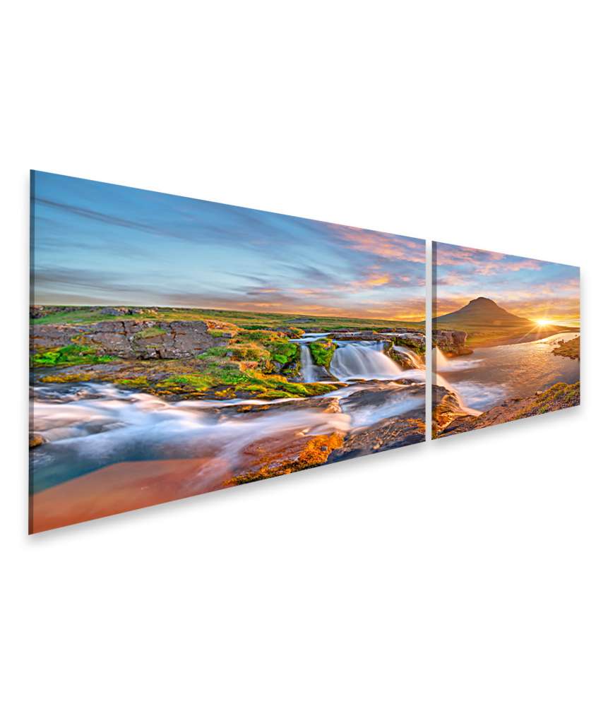 Islandburner Bild auf Leinwand Spektakulärer Sonnenaufgang über Kirkjufellsfoss Wasserfall & Kirkjufell Berg Günstig kaufen