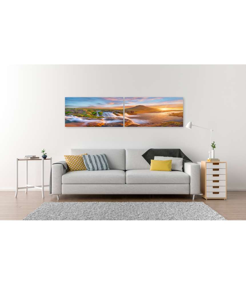 Islandburner Bild auf Leinwand Spektakulärer Sonnenaufgang über Kirkjufellsfoss Wasserfall & Kirkjufell Berg Günstig kaufen