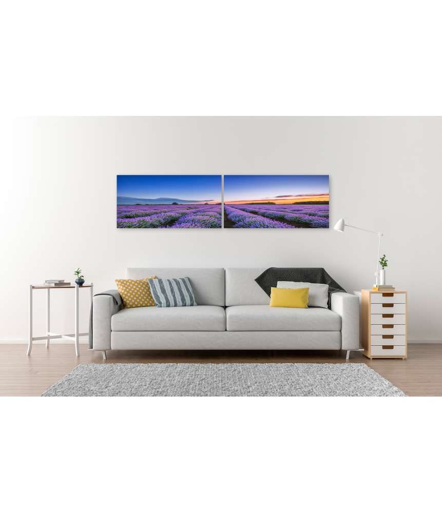 Islandburner Bild auf Leinwand Dramatischer Sonnenaufgang über duftendem Lavendelfeld mit Wolkenkulisse Flash Sale
