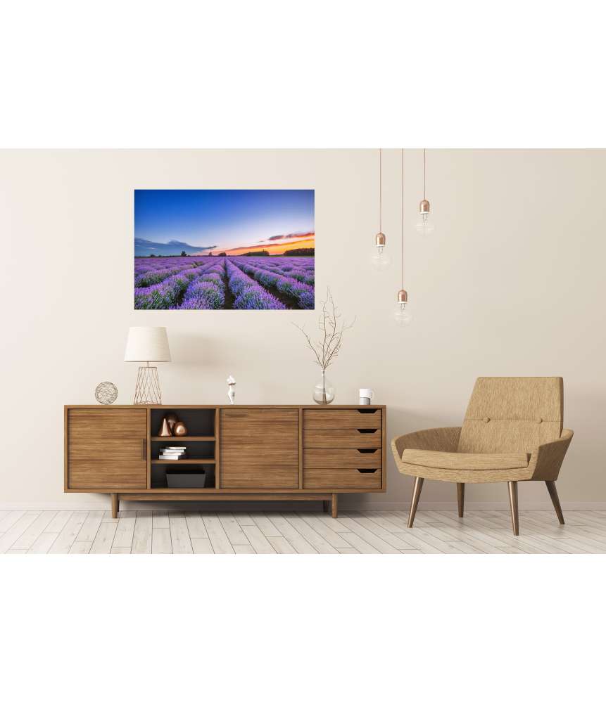 Islandburner Premium Poster Dramatischer Sonnenaufgang über duftendem Lavendelfeld mit Wolkenkulisse Heißer Verkauf