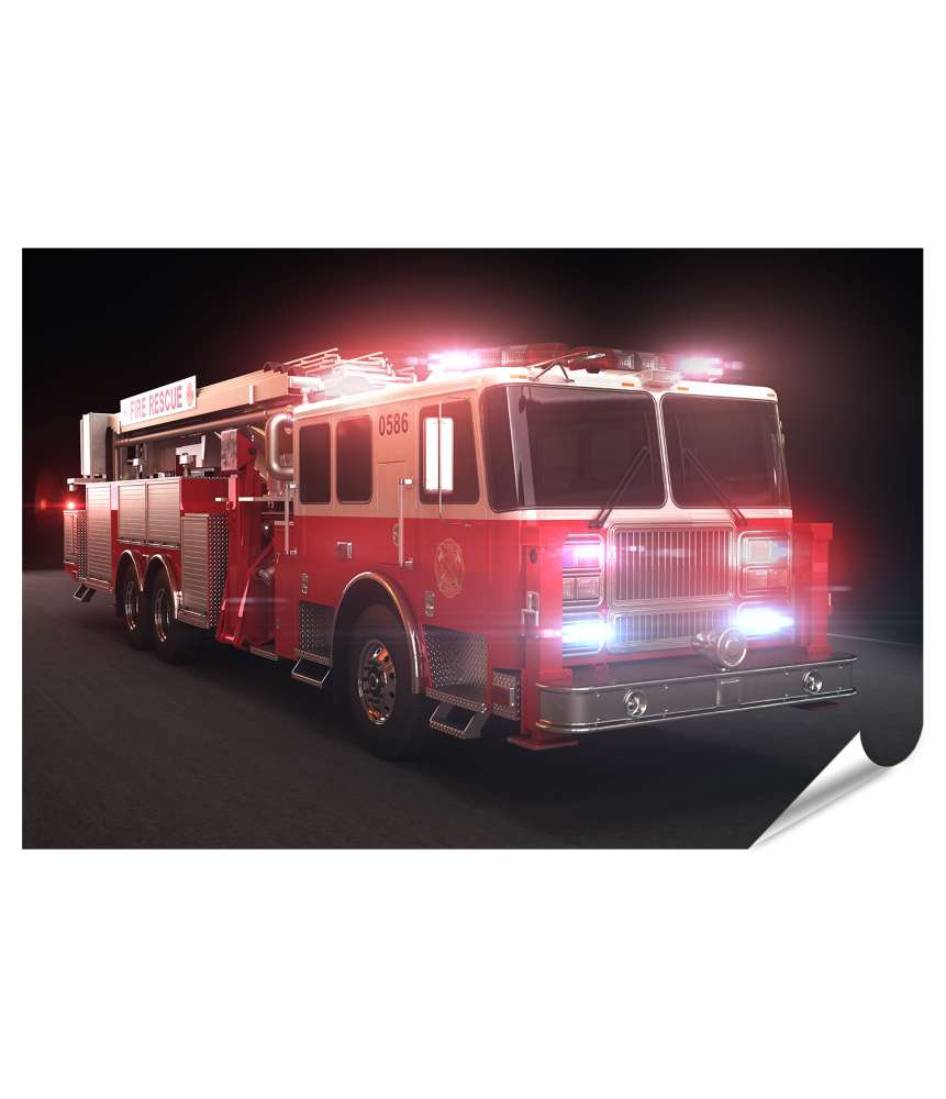 Islandburner Premium Poster Lebhaftes Wandbild eines Feuerwehrautos mit Lichtern fürs Kinderzimmer Saisonale Angebote
