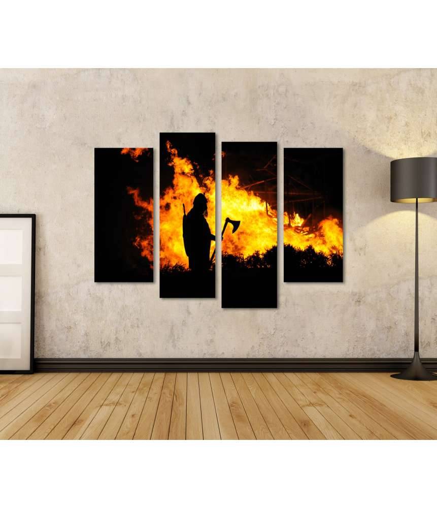 Islandburner Bild auf Leinwand Darstellung eines tapferen Wikingers inmitten eines brennenden Gebäudes Tägliche Deals