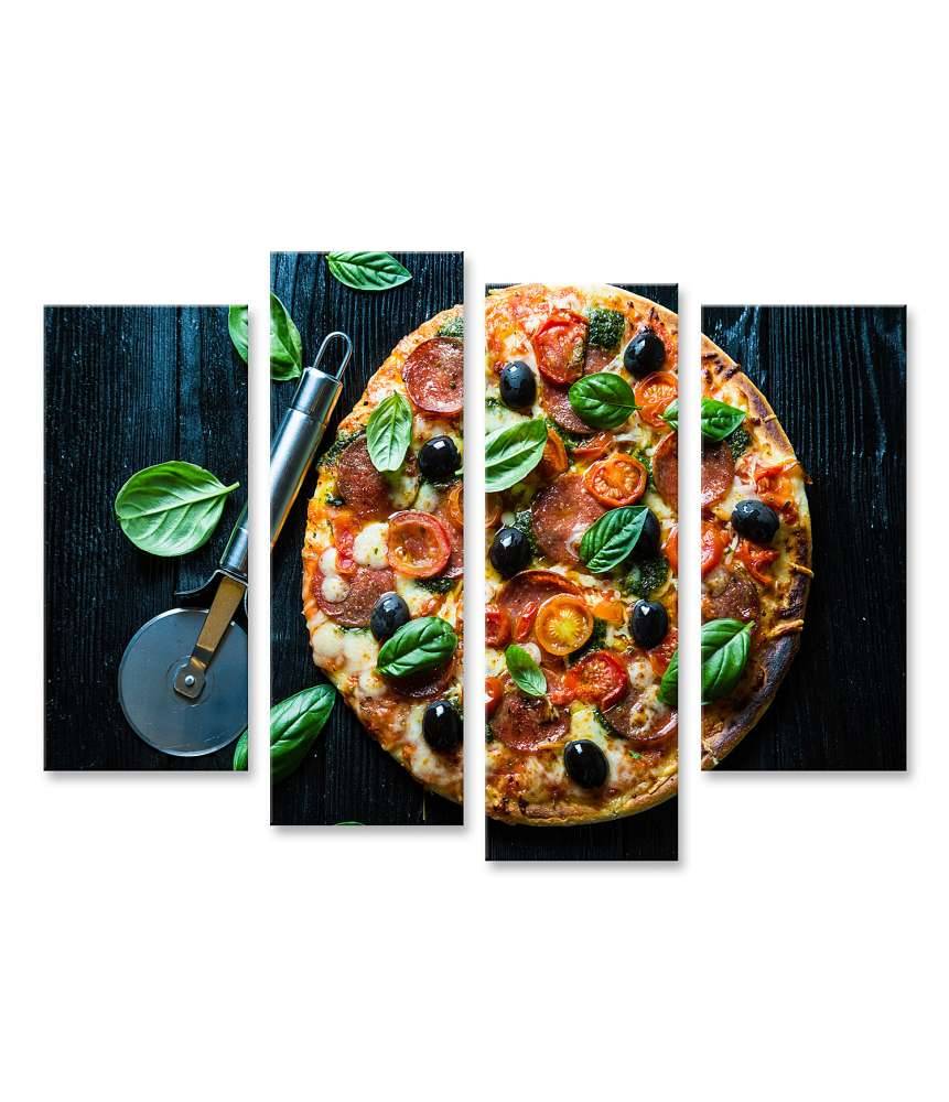 Islandburner Bild auf Leinwand Lebhaftes Wandbild einer Salami-Pizza mit Oliven und Basilikum in Pizzeria Riesige Ersparnisse