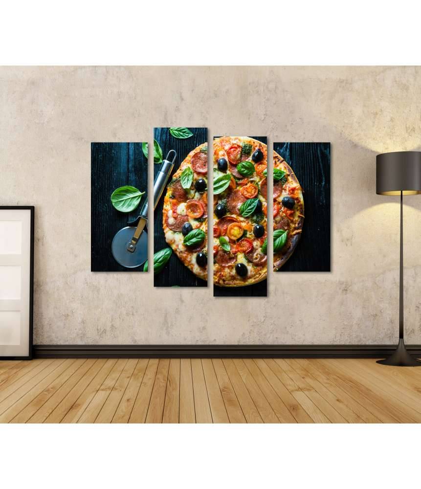 Islandburner Bild auf Leinwand Lebhaftes Wandbild einer Salami-Pizza mit Oliven und Basilikum in Pizzeria Riesige Ersparnisse