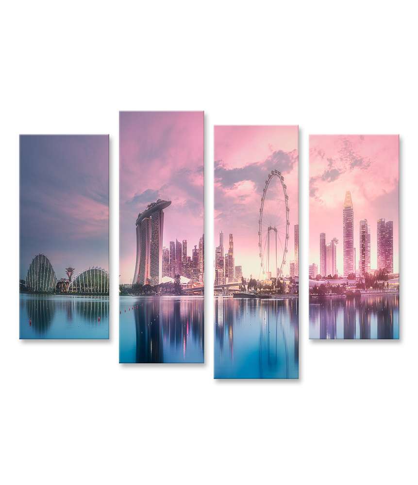 Islandburner Bild auf Leinwand Atemberaubender lila Sonnenuntergang über Singapurs Marina Bay Skyline Tiefpreis