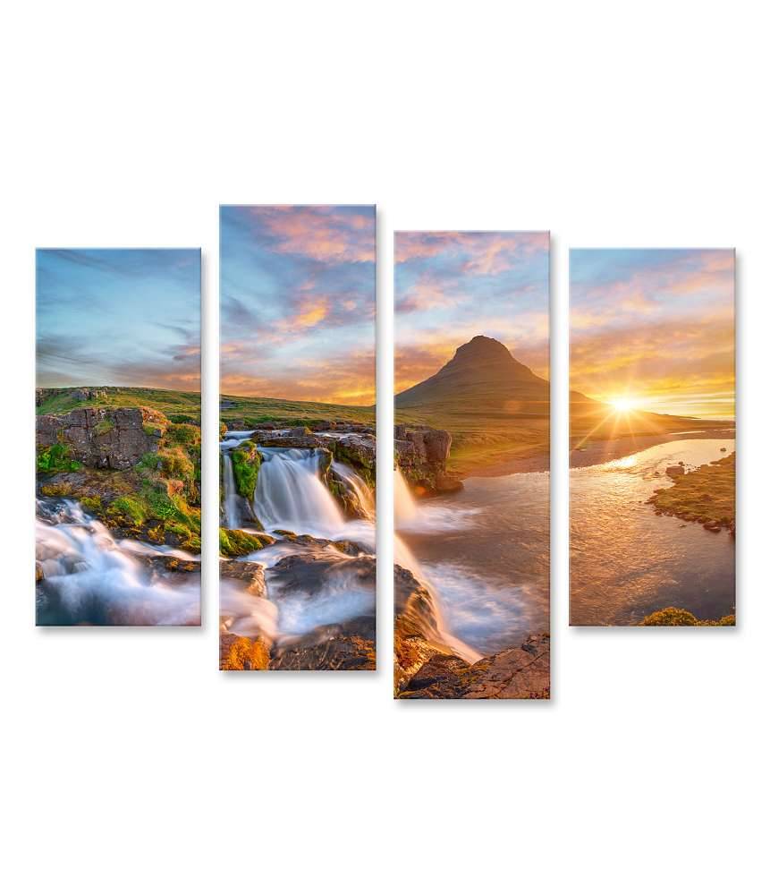 Islandburner Bild auf Leinwand Spektakulärer Sonnenaufgang über Kirkjufellsfoss Wasserfall & Kirkjufell Berg Super Sparpreis