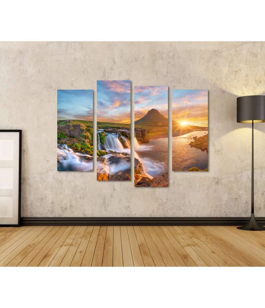 Islandburner Bild auf Leinwand Spektakulärer Sonnenaufgang über Kirkjufellsfoss Wasserfall & Kirkjufell Berg Super Sparpreis
