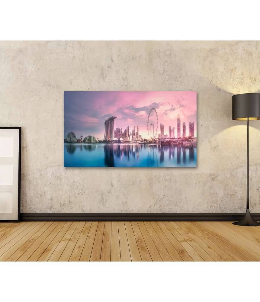 Islandburner Bild auf Leinwand Atemberaubender lila Sonnenuntergang über Singapurs Marina Bay Skyline Bis zu 60% Rabatt