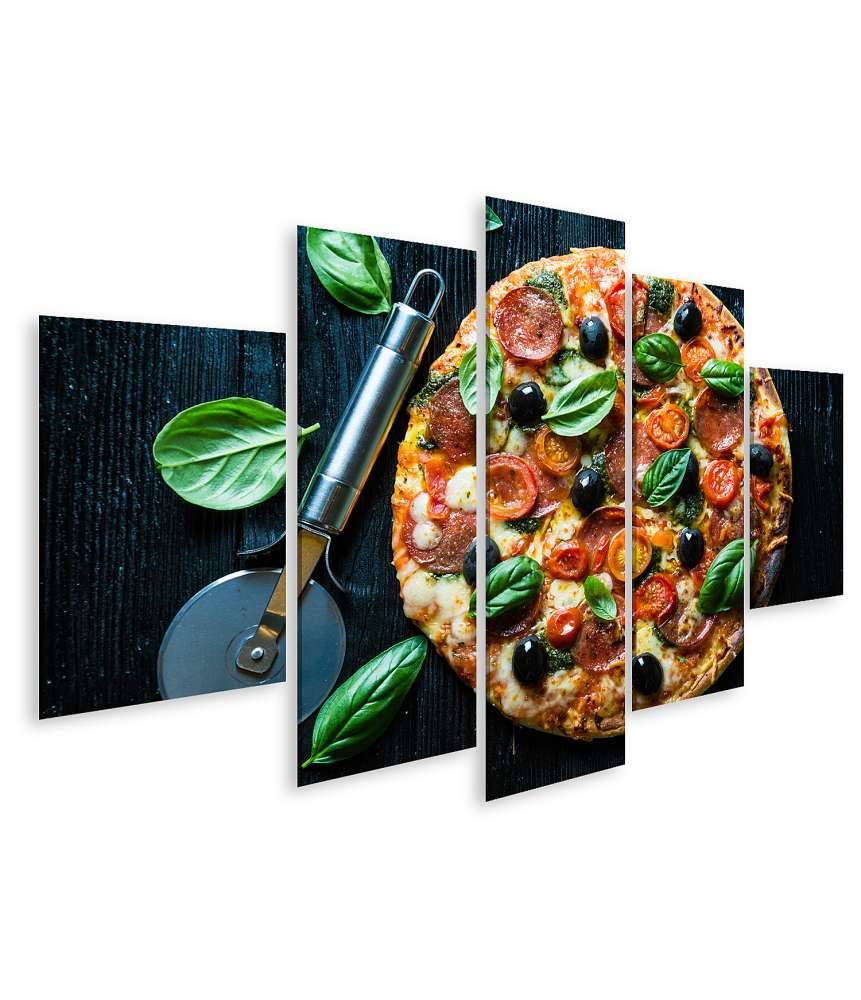 Islandburner Bild auf Leinwand Lebhaftes Wandbild einer Salami-Pizza mit Oliven und Basilikum in Pizzeria 50% Rabatt mit kostenlosem Versand