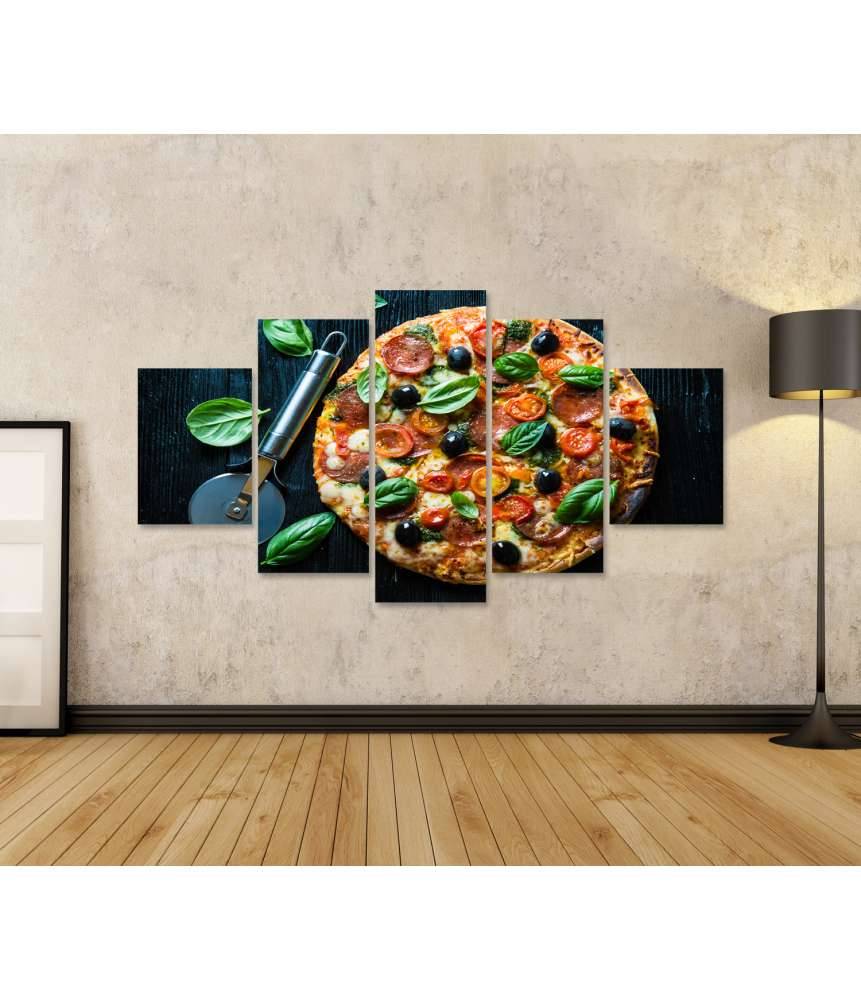 Islandburner Bild auf Leinwand Lebhaftes Wandbild einer Salami-Pizza mit Oliven und Basilikum in Pizzeria 50% Rabatt mit kostenlosem Versand