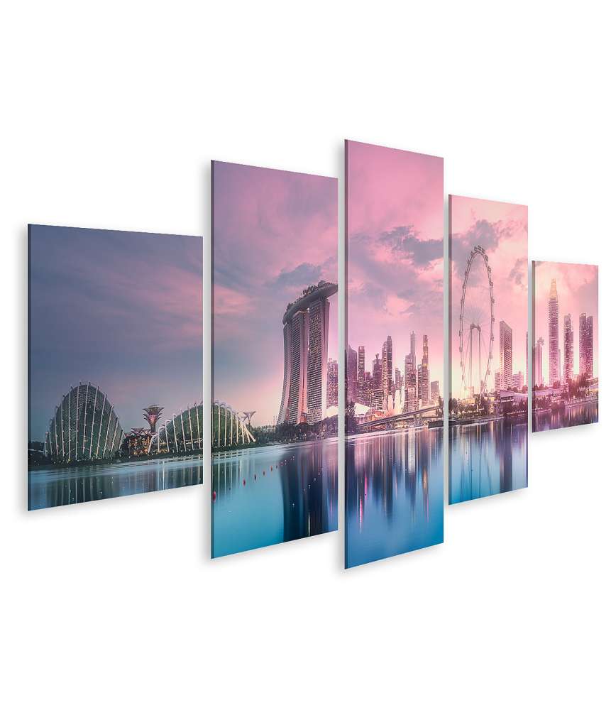 Islandburner Bild auf Leinwand Atemberaubender lila Sonnenuntergang über Singapurs Marina Bay Skyline Kostenloser Versand international