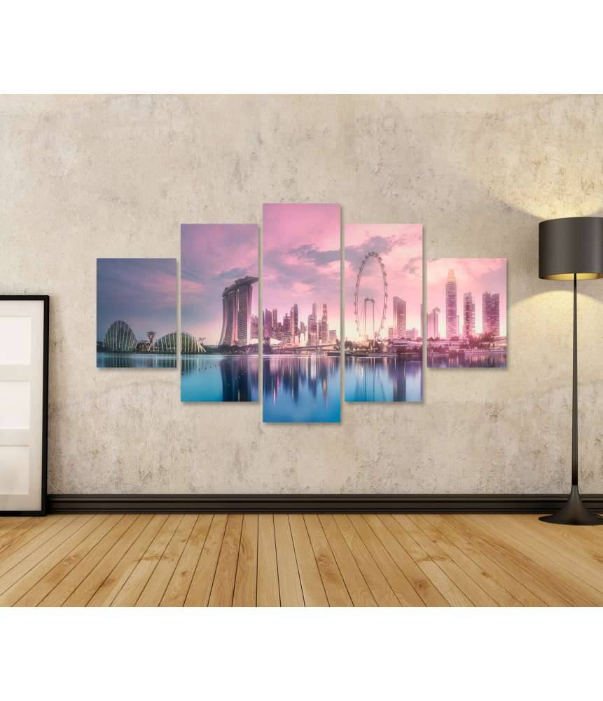 Islandburner Bild auf Leinwand Atemberaubender lila Sonnenuntergang über Singapurs Marina Bay Skyline Kostenloser Versand international