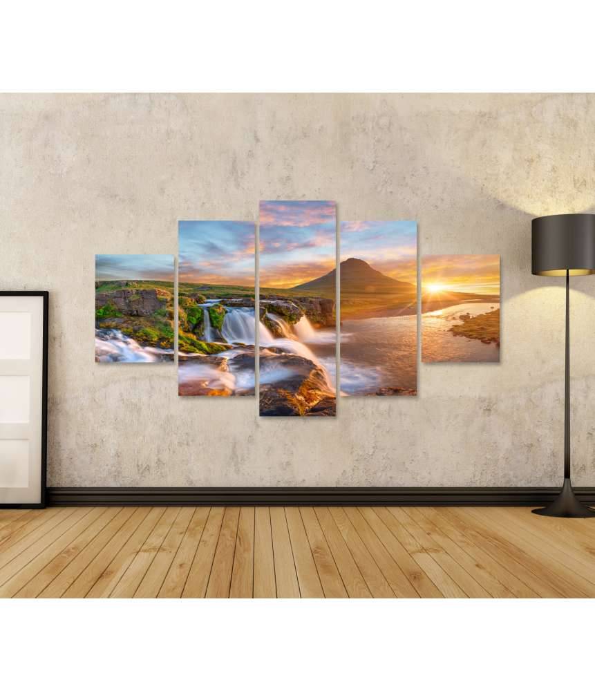 Islandburner Bild auf Leinwand Spektakulärer Sonnenaufgang über Kirkjufellsfoss Wasserfall & Kirkjufell Berg Fabrikladen