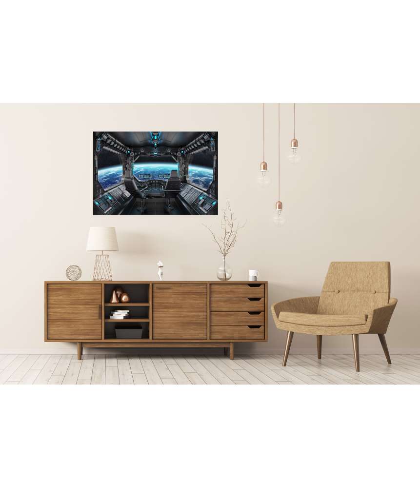 Islandburner XXL Premium Poster Grunge-Stil Raumschiff-Innenansicht mit Blick auf Planet Erde Vatertagsangebot