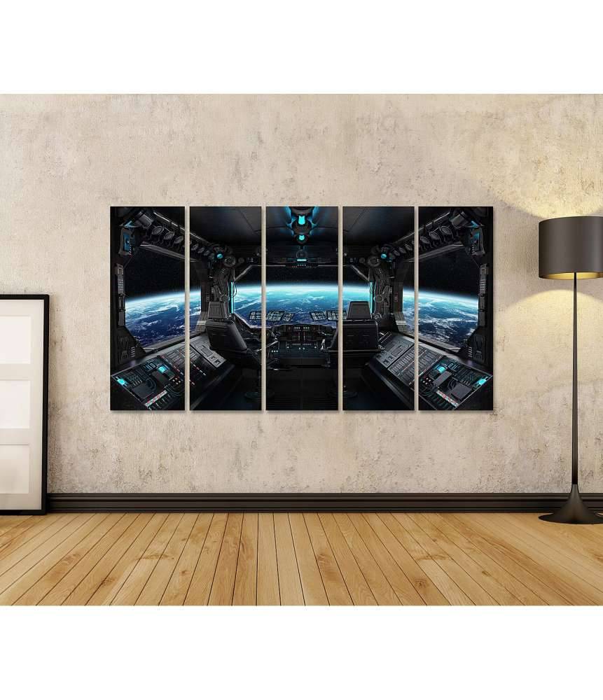 Islandburner Bild auf Leinwand Grunge-Stil Raumschiff-Innenansicht mit Blick auf Planet Erde Begrenzte Freigabe