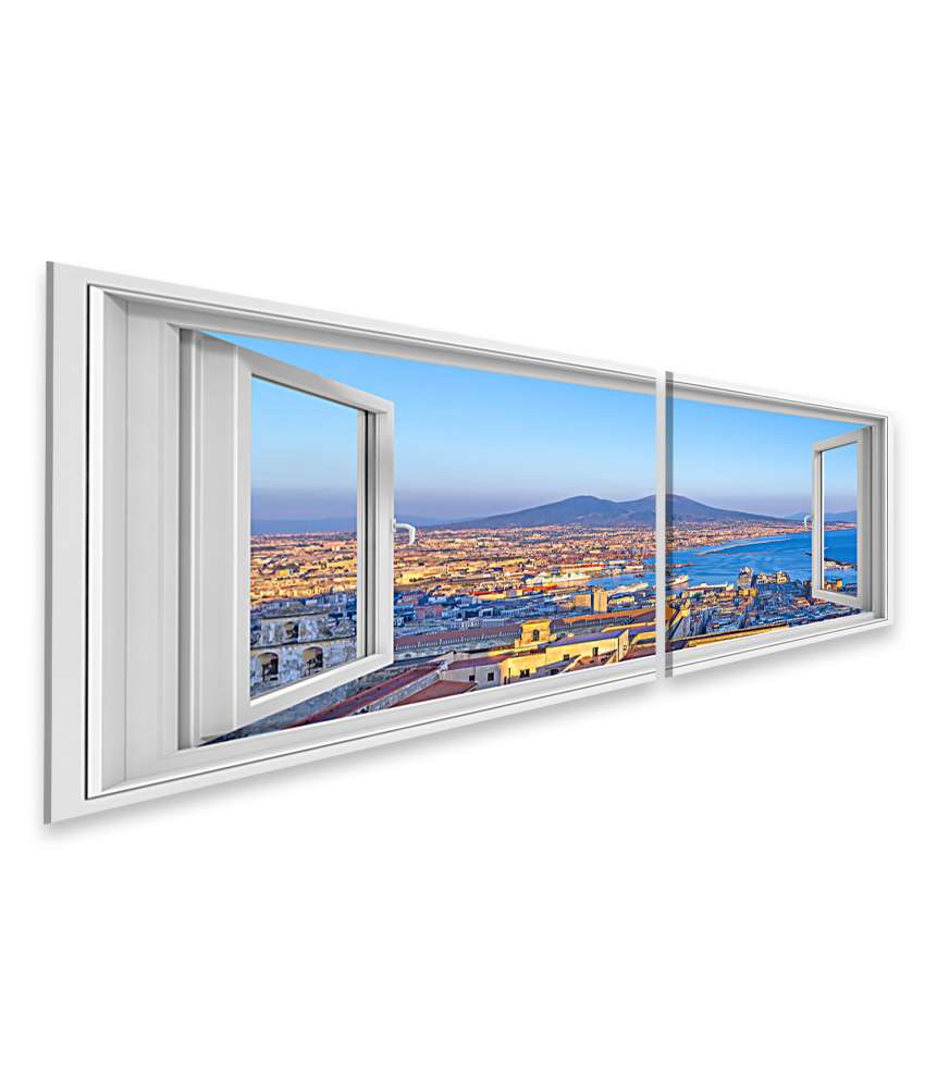 Islandburner Bild auf Leinwand Blick auf Neapel und Vesuv durch Fenster - Wandbild Nur noch ein Tag übrig