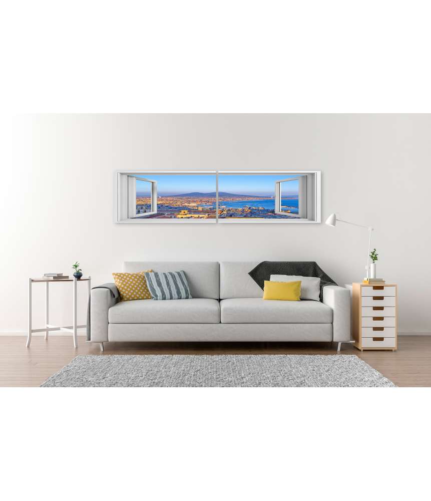 Islandburner Bild auf Leinwand Blick auf Neapel und Vesuv durch Fenster - Wandbild Nur noch ein Tag übrig