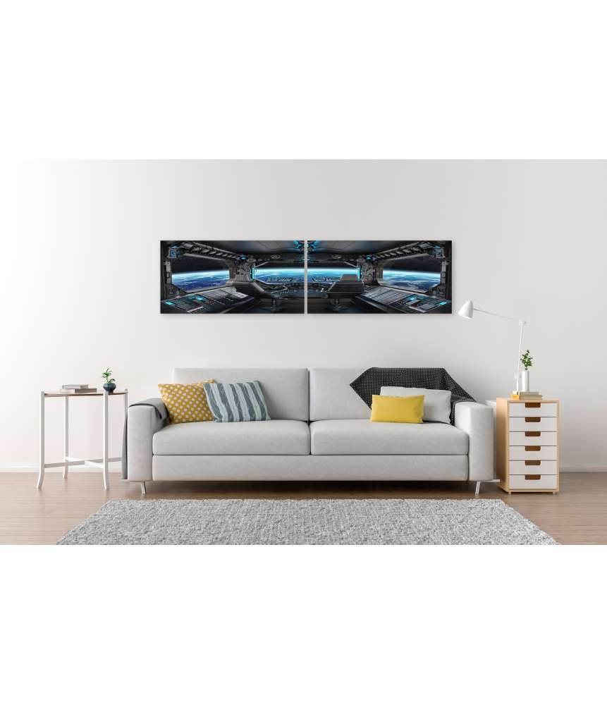 Islandburner Bild auf Leinwand Grunge-Stil Raumschiff-Innenansicht mit Blick auf Planet Erde Rabatte dieses Monats