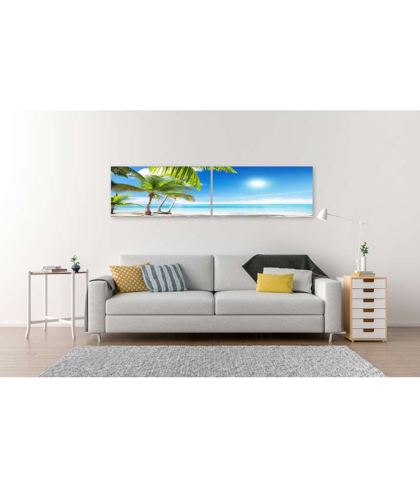 Islandburner Bild auf Leinwand Karibischer Strand mit Palmen am azurblauen Meer im Angebot