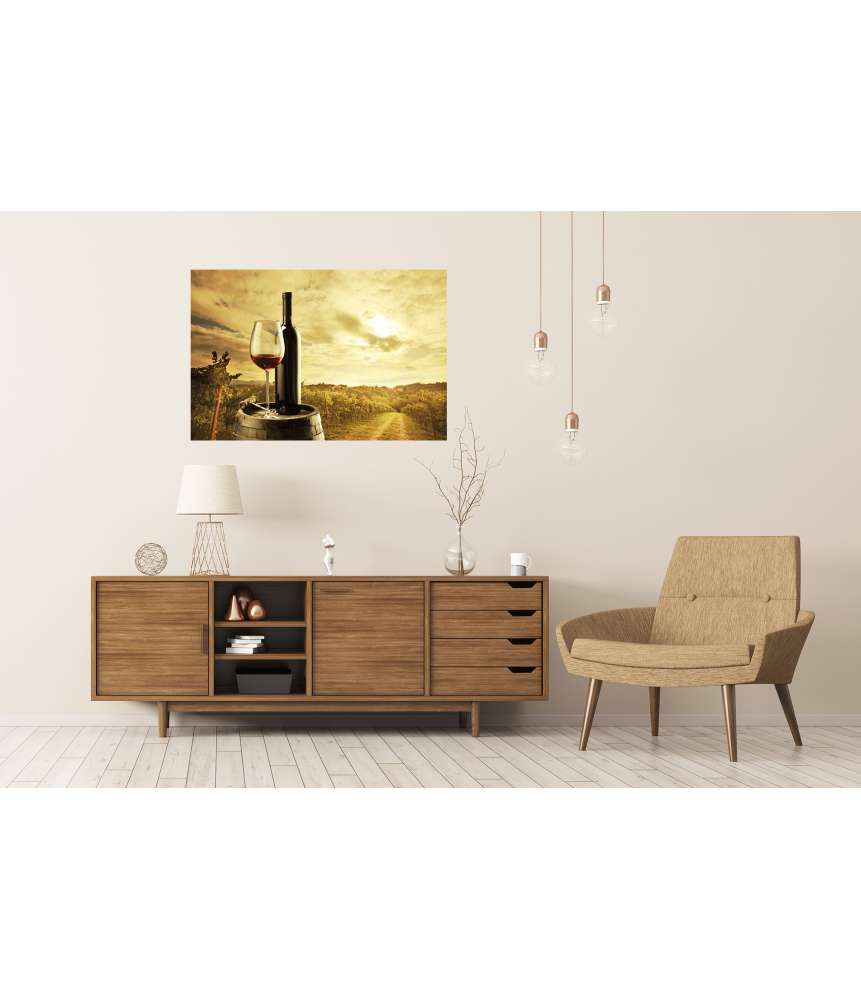 Islandburner Premium Poster Rotweinflasche und Weinglas auf einem Weinfass dargestellt Exklusive Angebote