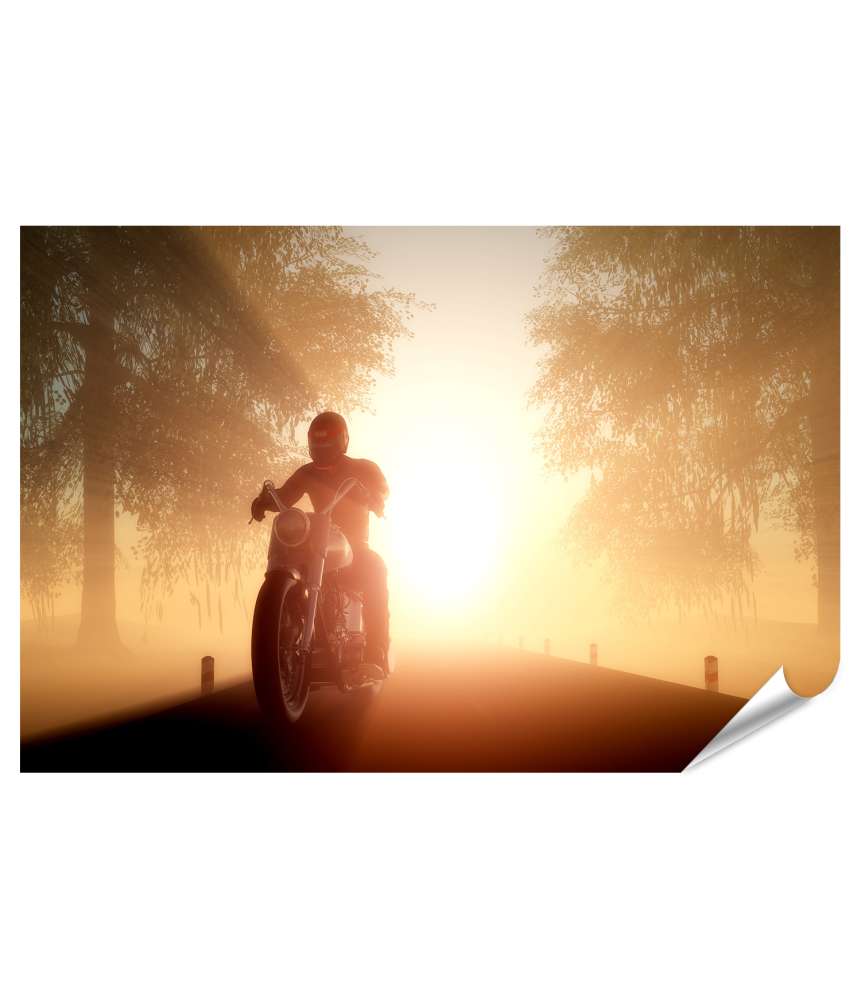 Islandburner Premium Poster Motorradfahrer auf idyllischer Landstraße im goldenen Sonnenlicht Tägliche Deals