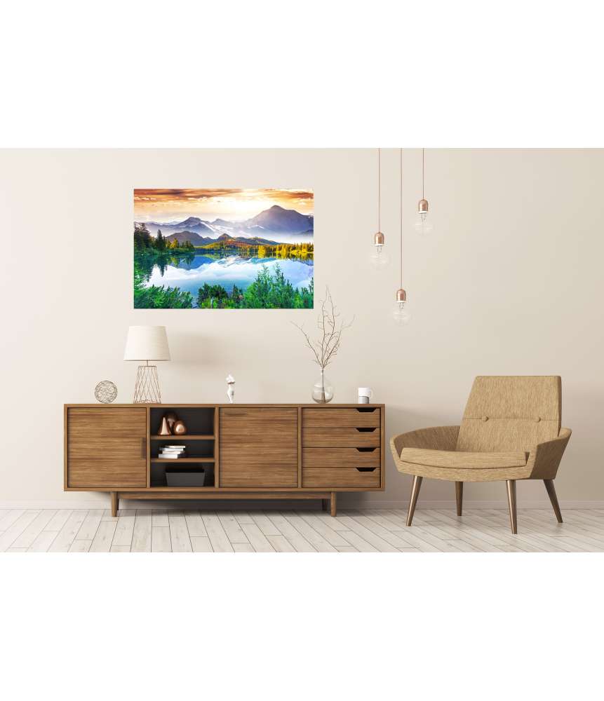 Islandburner Premium Poster Fantastisches Wandbild eines sonnigen Tages am See mit Bergkulisse VIP-Rabatte