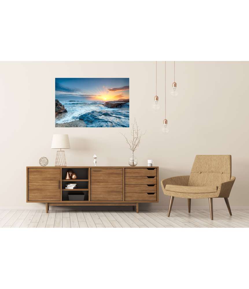 Islandburner Premium Poster Sonnenuntergang über den Wellen in Booby Bay, Constantine Bay, Cornwall Wochenangebot