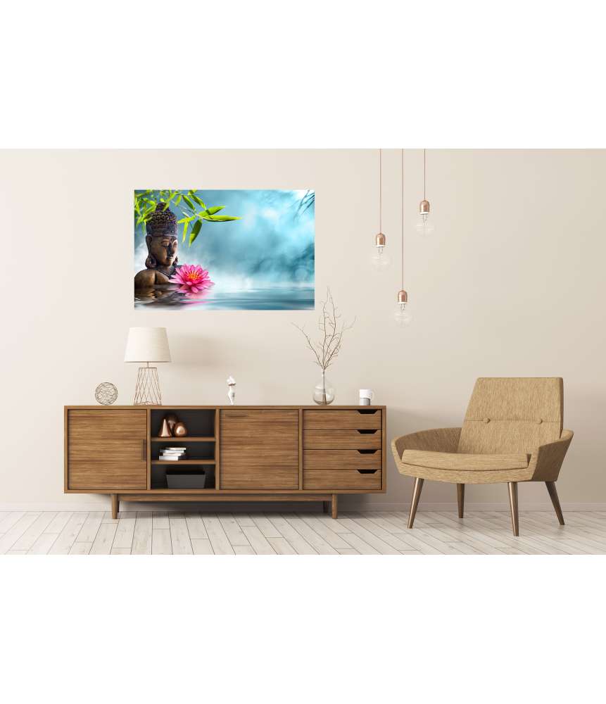 Islandburner Premium Poster Asiatisches Wandbild mit Buddha in Meditation neben Bambus im Spa-Stil Neueste Stile