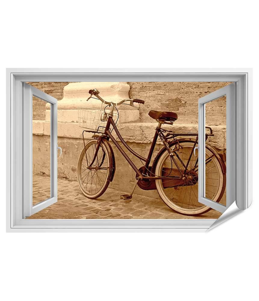 Islandburner Premium Poster Blick durchs Fenster auf einen an die Wand gelehnten Oldtimer-Fahrrad Bis zu 50% Rabatt