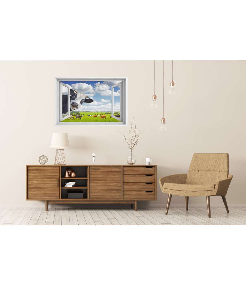 Islandburner Premium Poster Lustige Kuh blickt in Kamera durch Fenster - Wandbild Bis zu 65% Rabatt