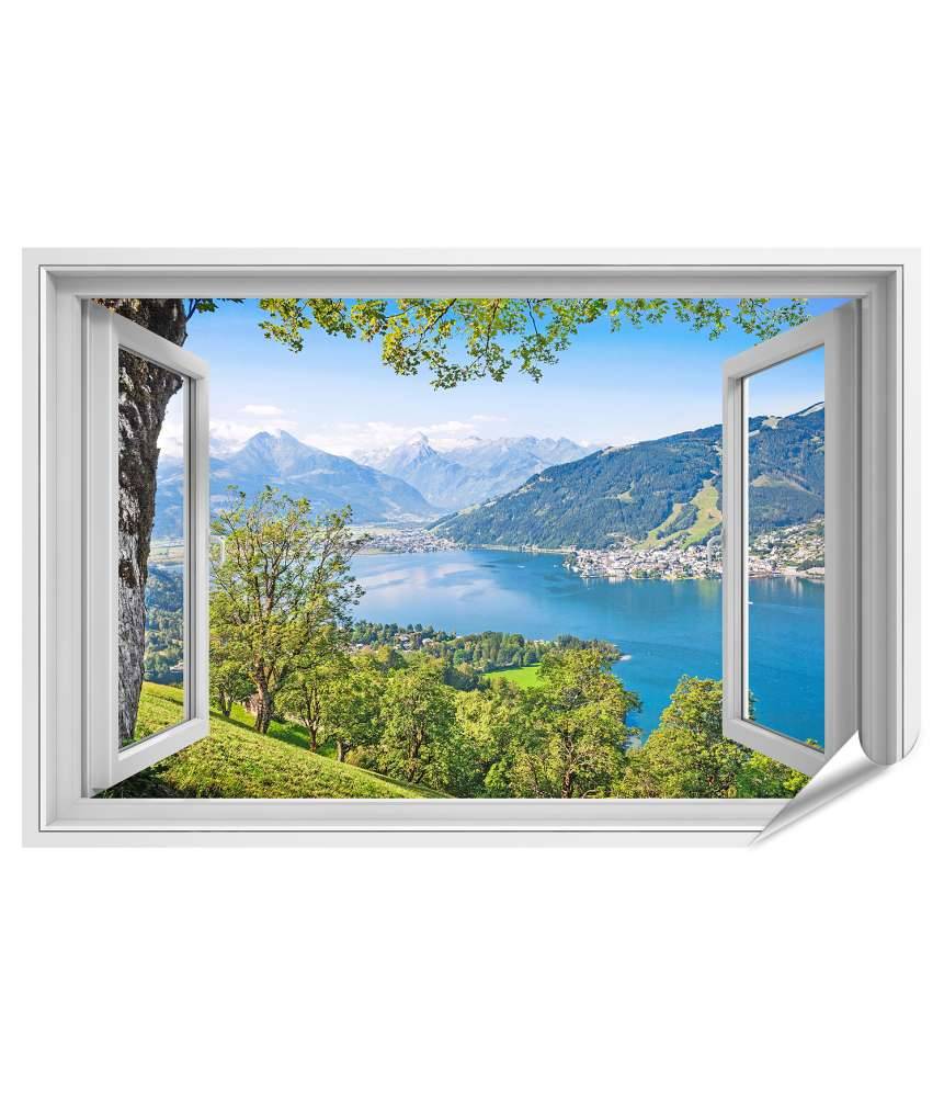 Islandburner Premium Poster Panoramablick auf prächtige Alpenlandschaft durch ein Fenster-Wandbild Nur für heute