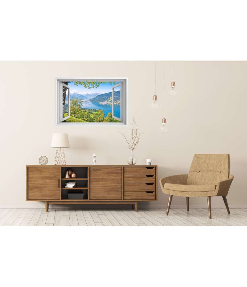Islandburner Premium Poster Panoramablick auf prächtige Alpenlandschaft durch ein Fenster-Wandbild Nur für heute