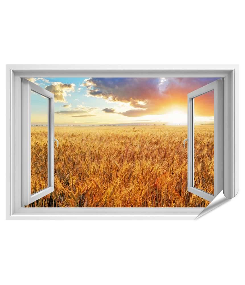 Islandburner Premium Poster Blick durchs Fenster auf einen atemberaubenden Sonnenuntergang über Weizenfeld Sonderangebot der Fabrik