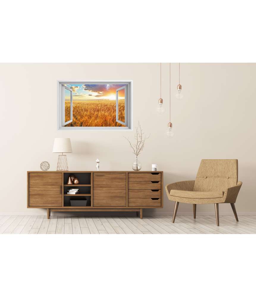 Islandburner Premium Poster Blick durchs Fenster auf einen atemberaubenden Sonnenuntergang über Weizenfeld Sonderangebot der Fabrik