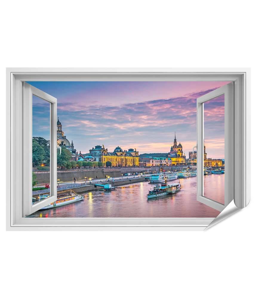 Islandburner Premium Poster Blick auf Dresden, Deutschland, über der Elbe durch ein Fensterbild Vierteljährliche Förderung